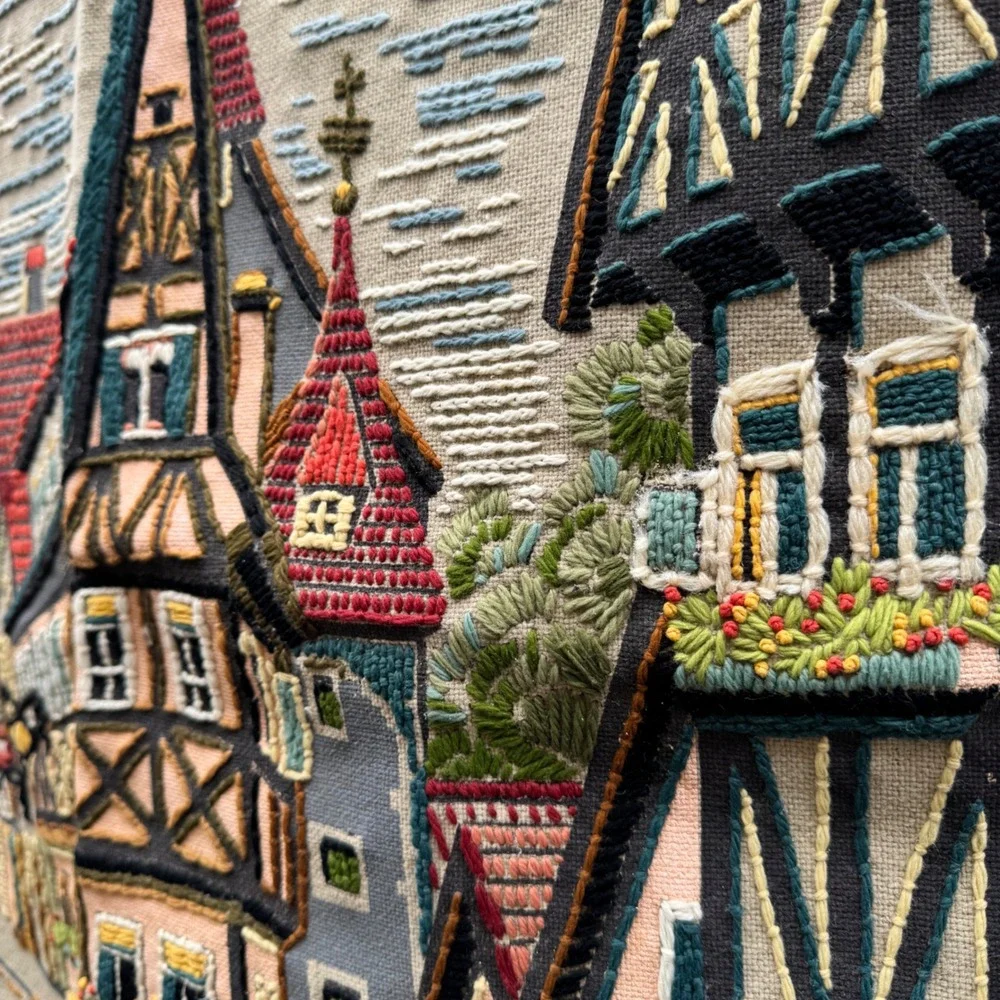 Vintage 1970s West Germany Wall Hanging Tapestry Linen Embroidered Village Paint